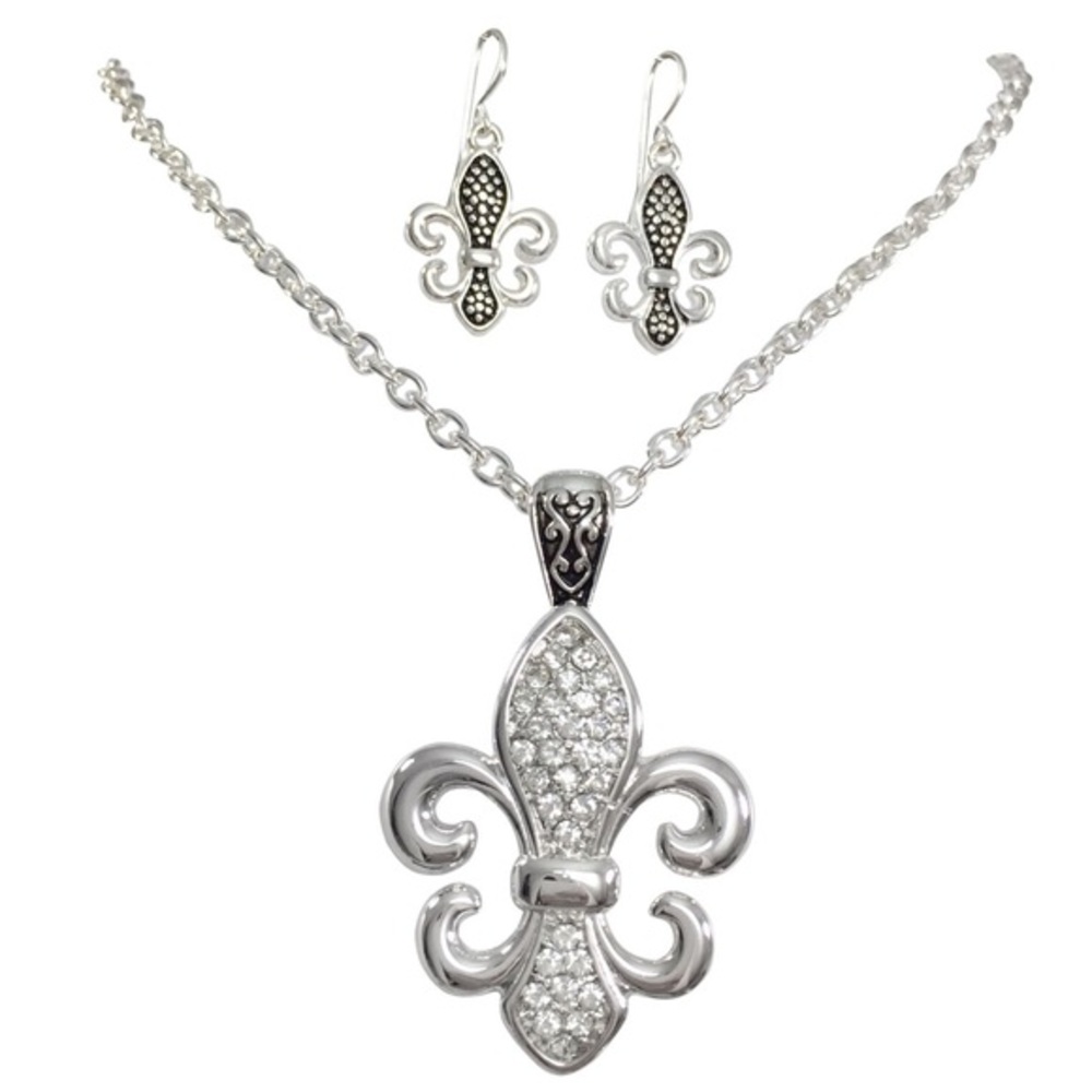 Fleur De Lis Rhinestone Silver Necklace Set